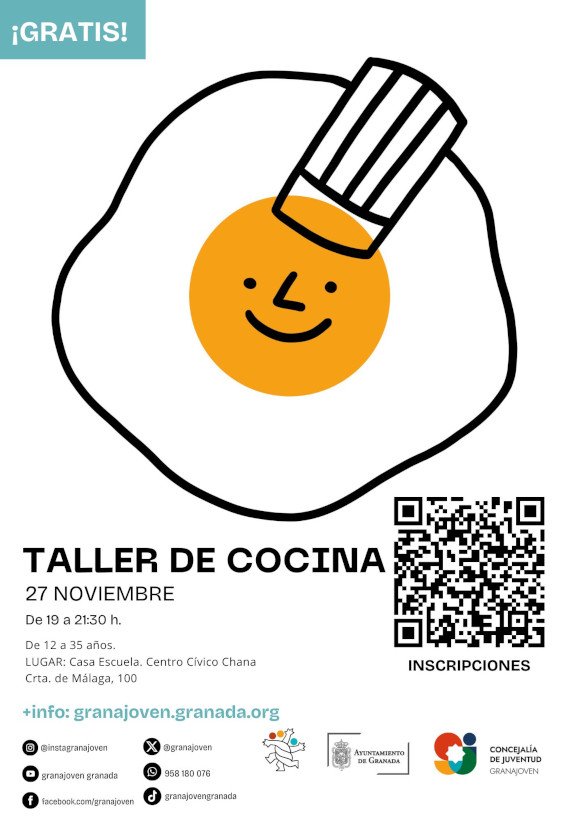 ENRÉDATE EN LA COCINA: Taller gratuito de Cocina el 27 de noviembre a las 19:00 h en Casa Escuela – Chana. Aprende recetas sencillas y divertidas. ¡Consigue tu invitación en evenbrite!
