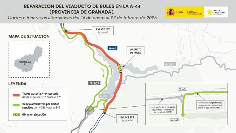 Corte de tráfico en A-44 por obras de viaducto de Rules en Granada